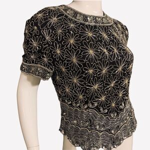 PAPELL Boutique Evening Solid Beaded 100% Silk Top with Scalloped Heim Large